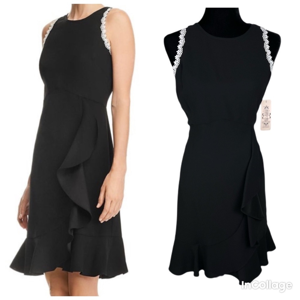 NWT Nanette Lepore Womens Black With White lace detail Sleeveless  Ruffled Dress